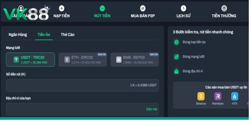 Hướng dẫn các bước rút tiền VK88 trên từng phương thức